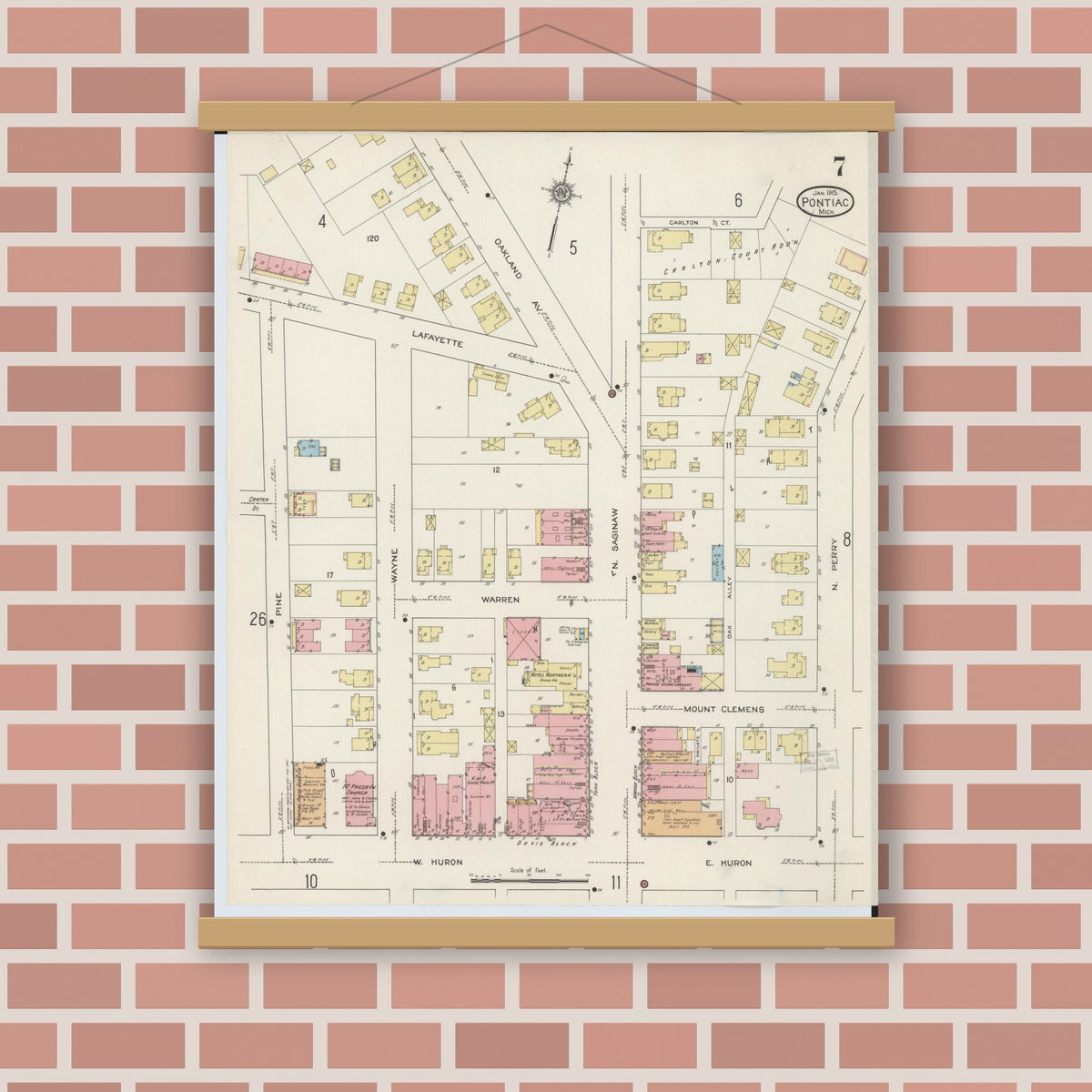 Old map wall art mockup — magnetic wood frame on brick wall — Sanborn Fire Insurance Map from Pontiac, Oakland County, Michigan (1915), Sheet #0007