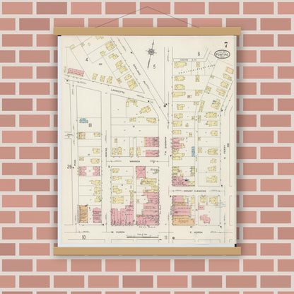 Old map wall art mockup — magnetic wood frame on brick wall — Sanborn Fire Insurance Map from Pontiac, Oakland County, Michigan (1915), Sheet #0007