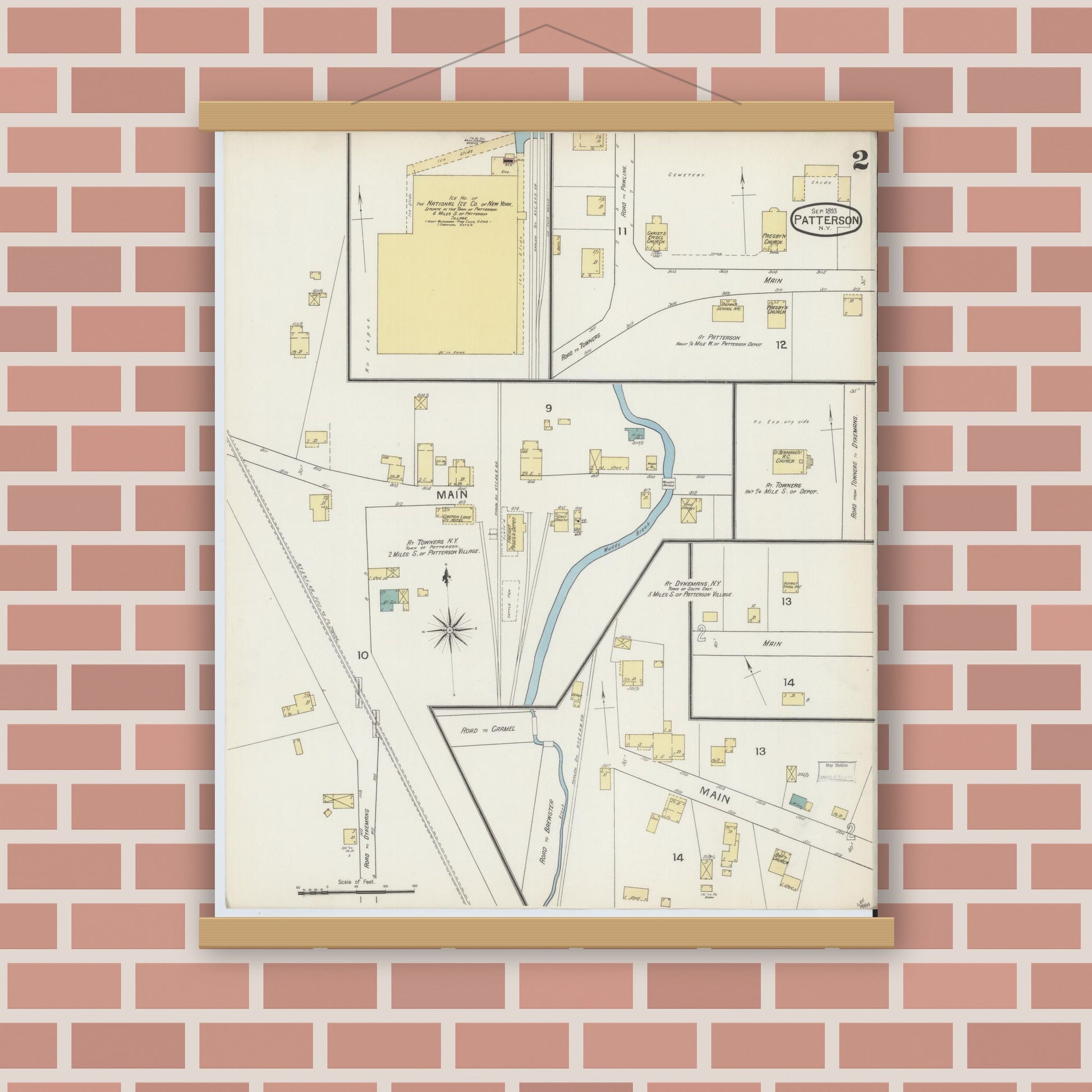Old map wall art mockup — magnetic wood frame on brick wall — Sanborn Fire Insurance Map from Patterson, Putnam County, New York (1893), Sheet #0002