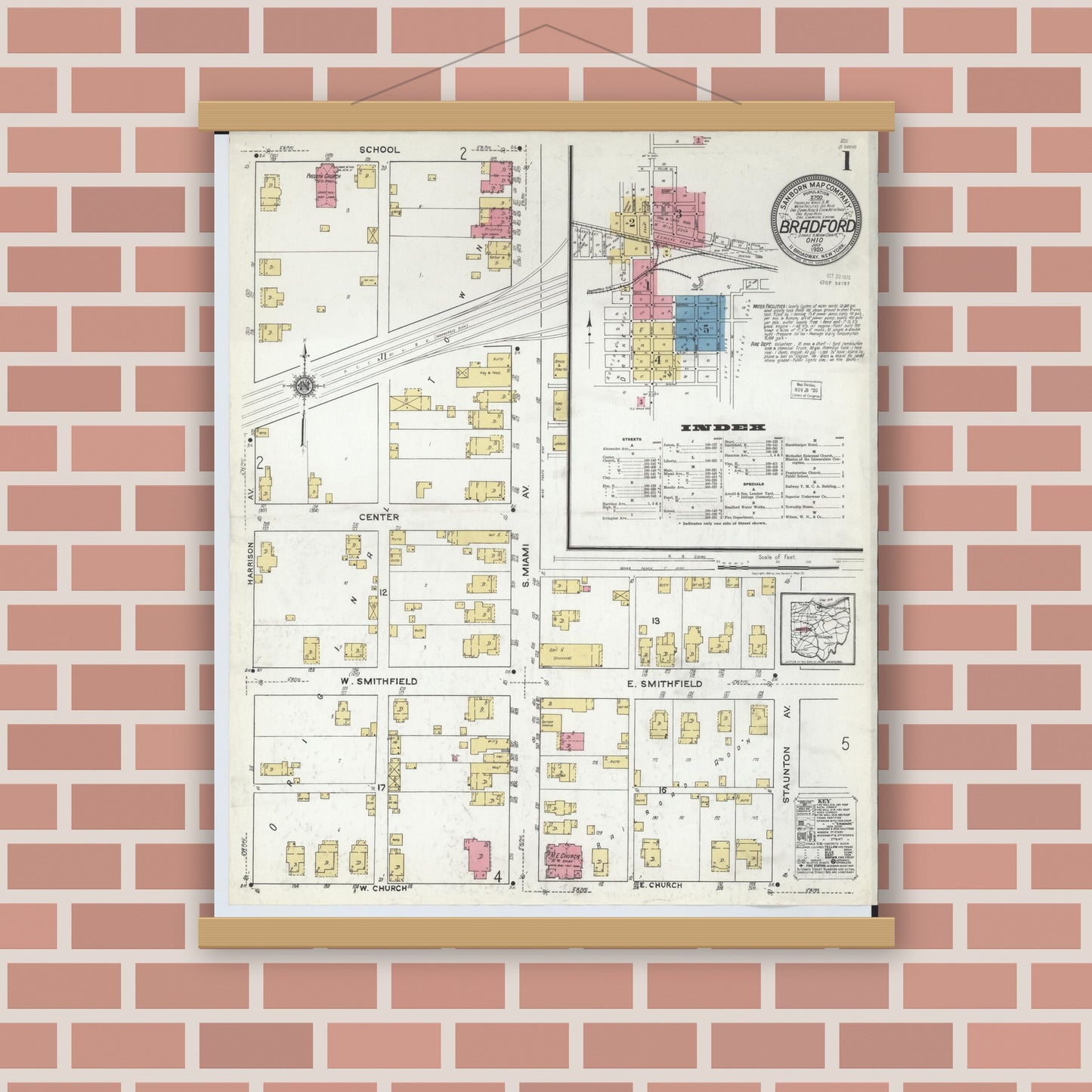 Old map wall art mockup — magnetic wood frame on brick wall — Sanborn Fire Insurance Map from Bradford, Darke and Miami Counties, Ohio (1920), Sheet #0001