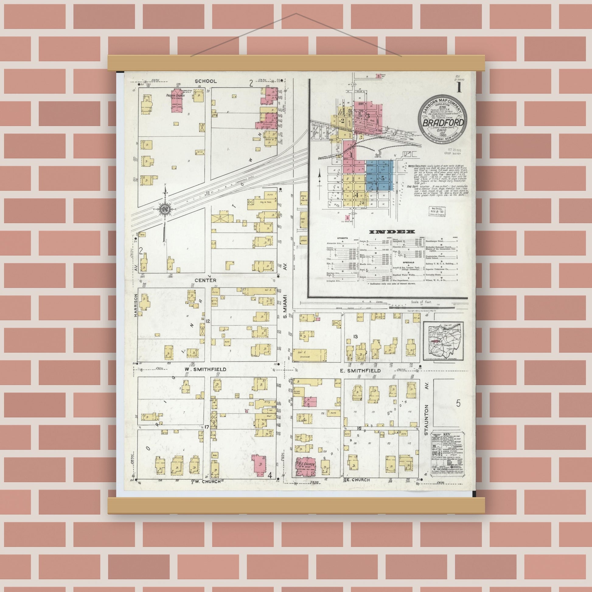 Old map wall art mockup — magnetic wood frame on brick wall — Sanborn Fire Insurance Map from Bradford, Darke and Miami Counties, Ohio (1920), Sheet #0001