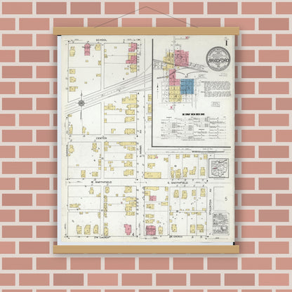 Old map wall art mockup — magnetic wood frame on brick wall — Sanborn Fire Insurance Map from Bradford, Darke and Miami Counties, Ohio (1920), Sheet #0001