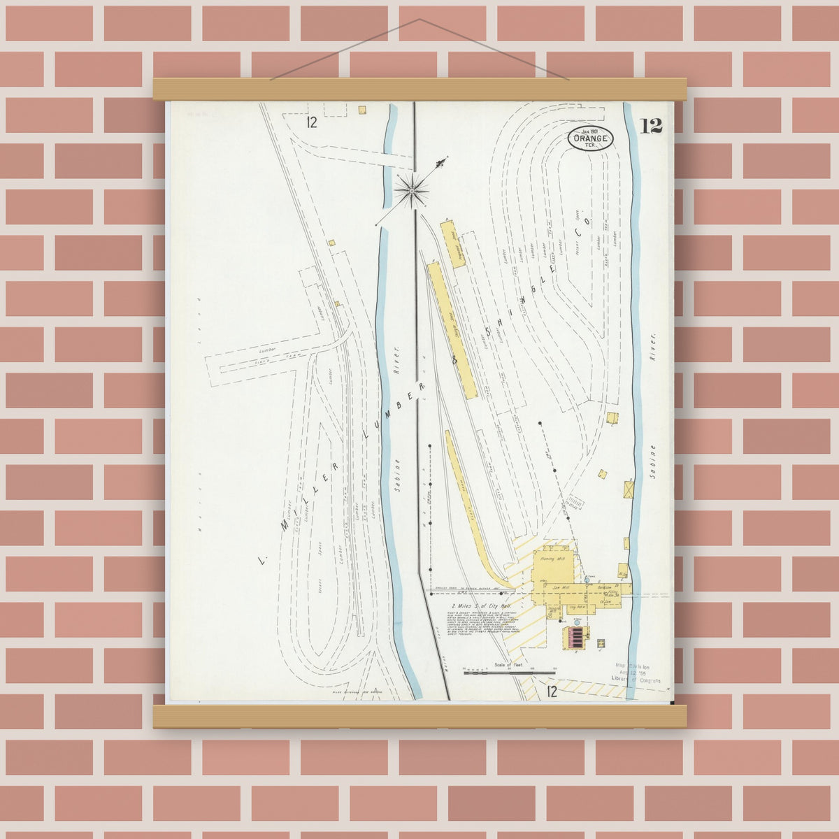 Old map wall art mockup — magnetic wood frame on brick wall — Sanborn Fire Insurance Map from Orange, Orange County, Texas (1901), Sheet #0012