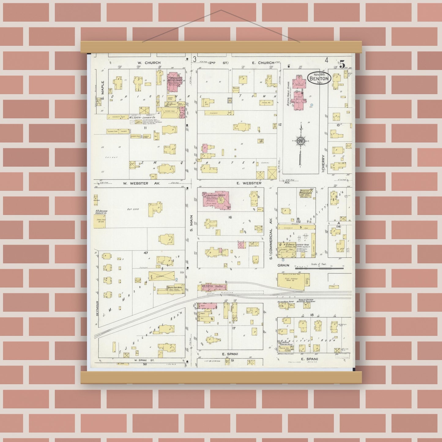 Old map wall art mockup — magnetic wood frame on brick wall — Sanborn Fire Insurance Map from Benton, Franklin County, Illinois (1915), Sheet #0005