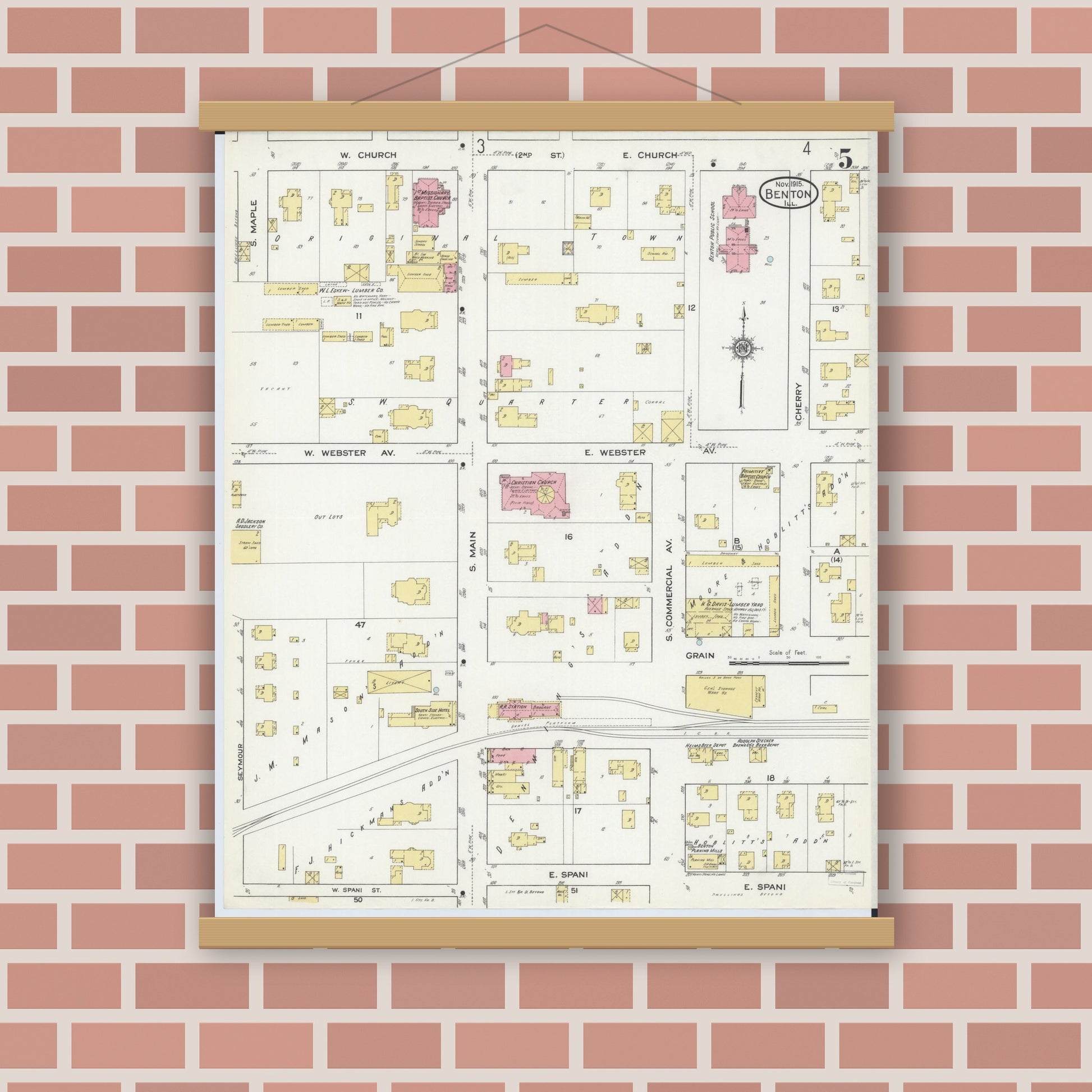 Old map wall art mockup — magnetic wood frame on brick wall — Sanborn Fire Insurance Map from Benton, Franklin County, Illinois (1915), Sheet #0005