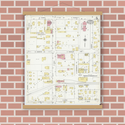 Old map wall art mockup — magnetic wood frame on brick wall — Sanborn Fire Insurance Map from Benton, Franklin County, Illinois (1915), Sheet #0005