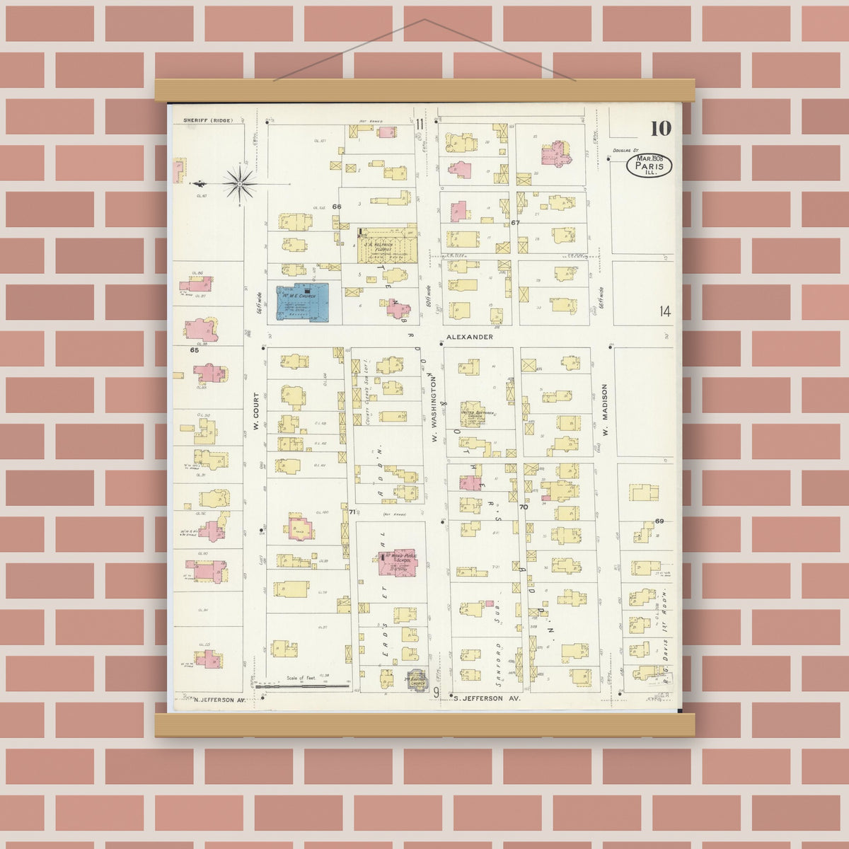 Old map wall art mockup — magnetic wood frame on brick wall — Sanborn Fire Insurance Map from Paris, Edgar County, Illinois (1908), Sheet #0010