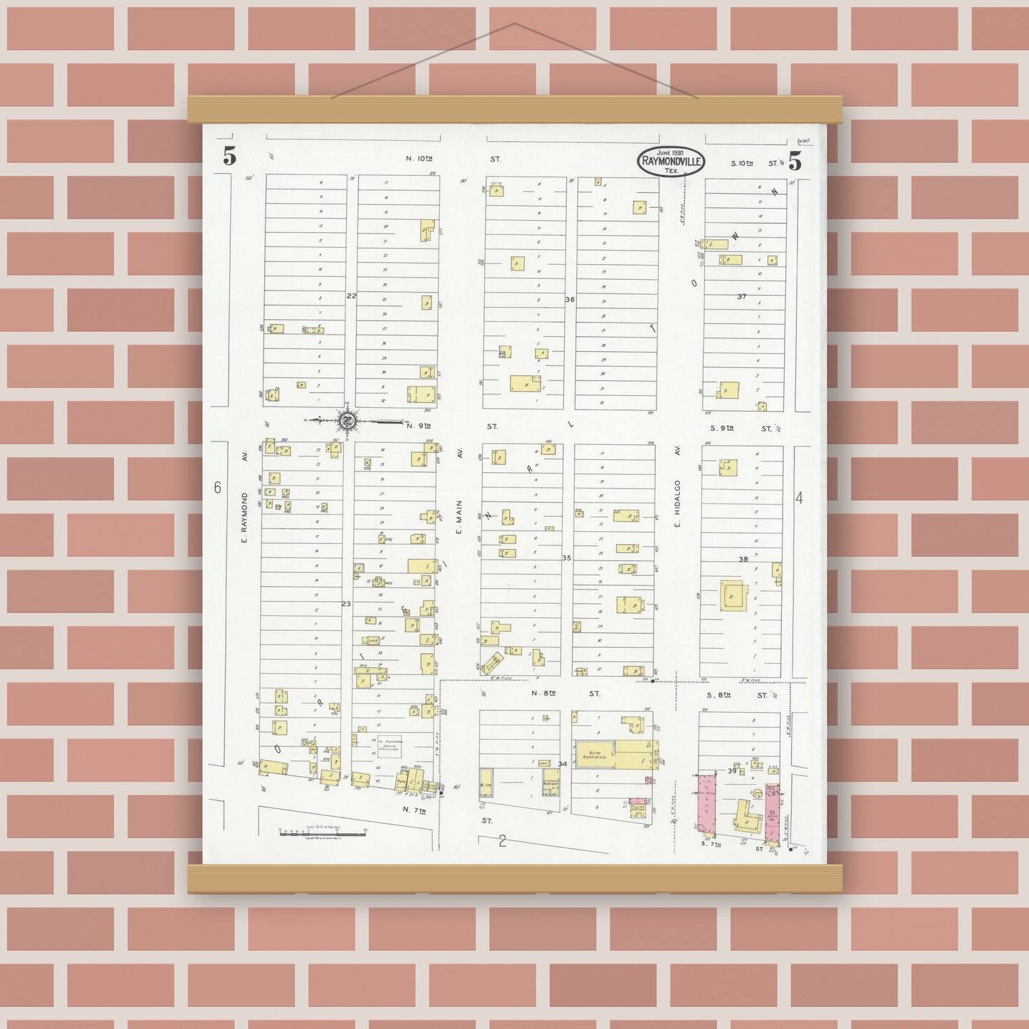 Old map wall art mockup — magnetic wood frame on brick wall — Sanborn Fire Insurance Map from Raymondville, Willacy County, Texas (1930), Sheet #0005