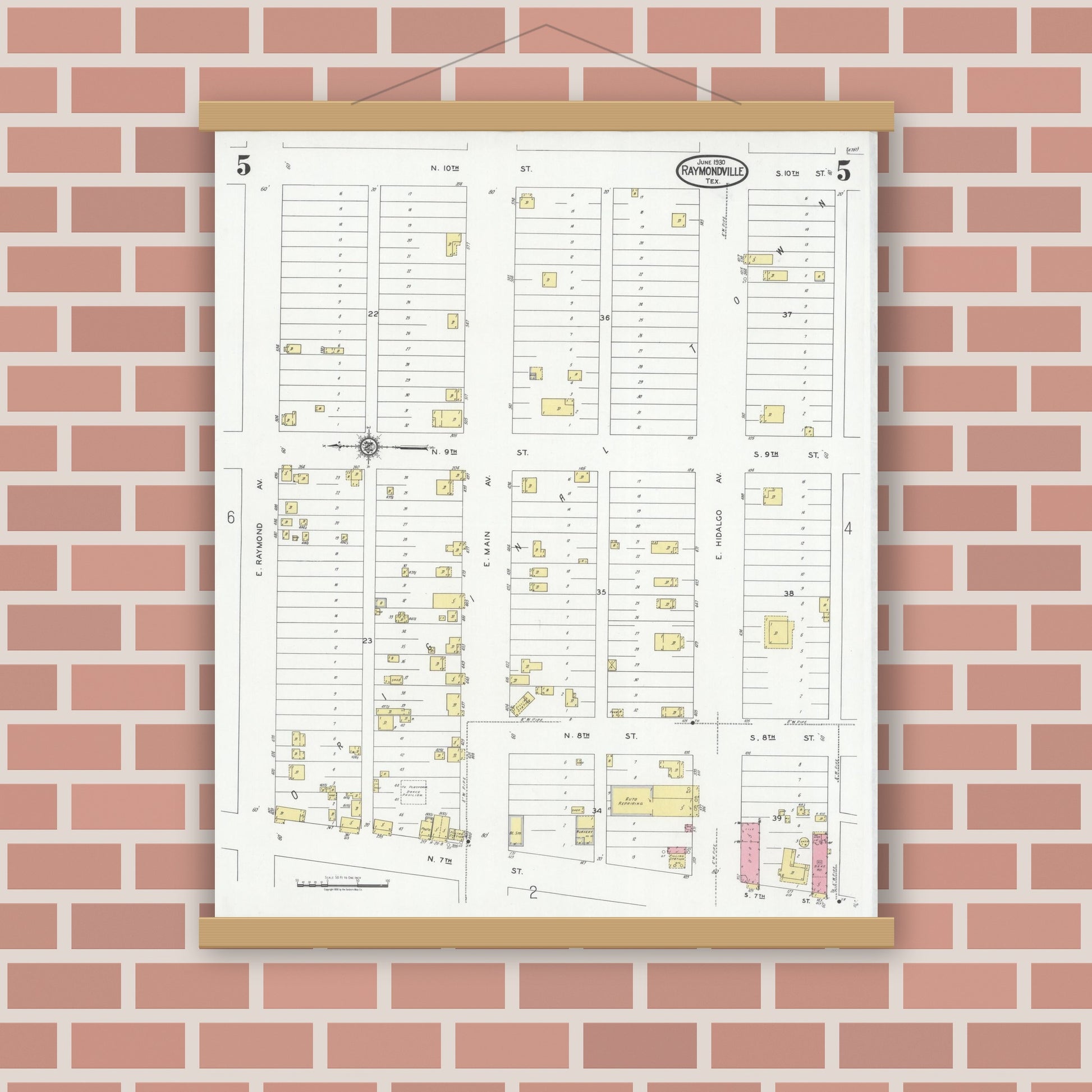 Old map wall art mockup — magnetic wood frame on brick wall — Sanborn Fire Insurance Map from Raymondville, Willacy County, Texas (1930), Sheet #0005
