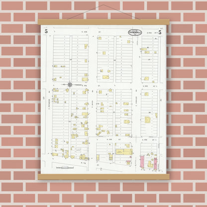 Old map wall art mockup — magnetic wood frame on brick wall — Sanborn Fire Insurance Map from Raymondville, Willacy County, Texas (1930), Sheet #0005