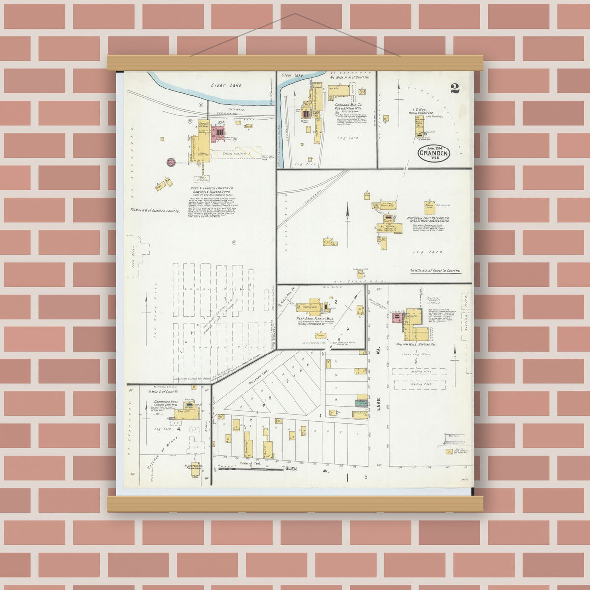 Old map wall art mockup — magnetic wood frame on brick wall — Sanborn Fire Insurance Map from Crandon, Forest County, Wisconsin (1904), Sheet #0002