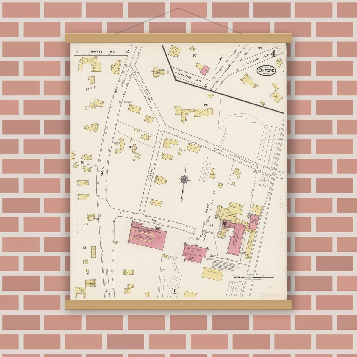 Old map wall art mockup — magnetic wood frame on brick wall — Sanborn Fire Insurance Map from Oxford, Worcester County, Massachusetts (1922), Sheet #0004