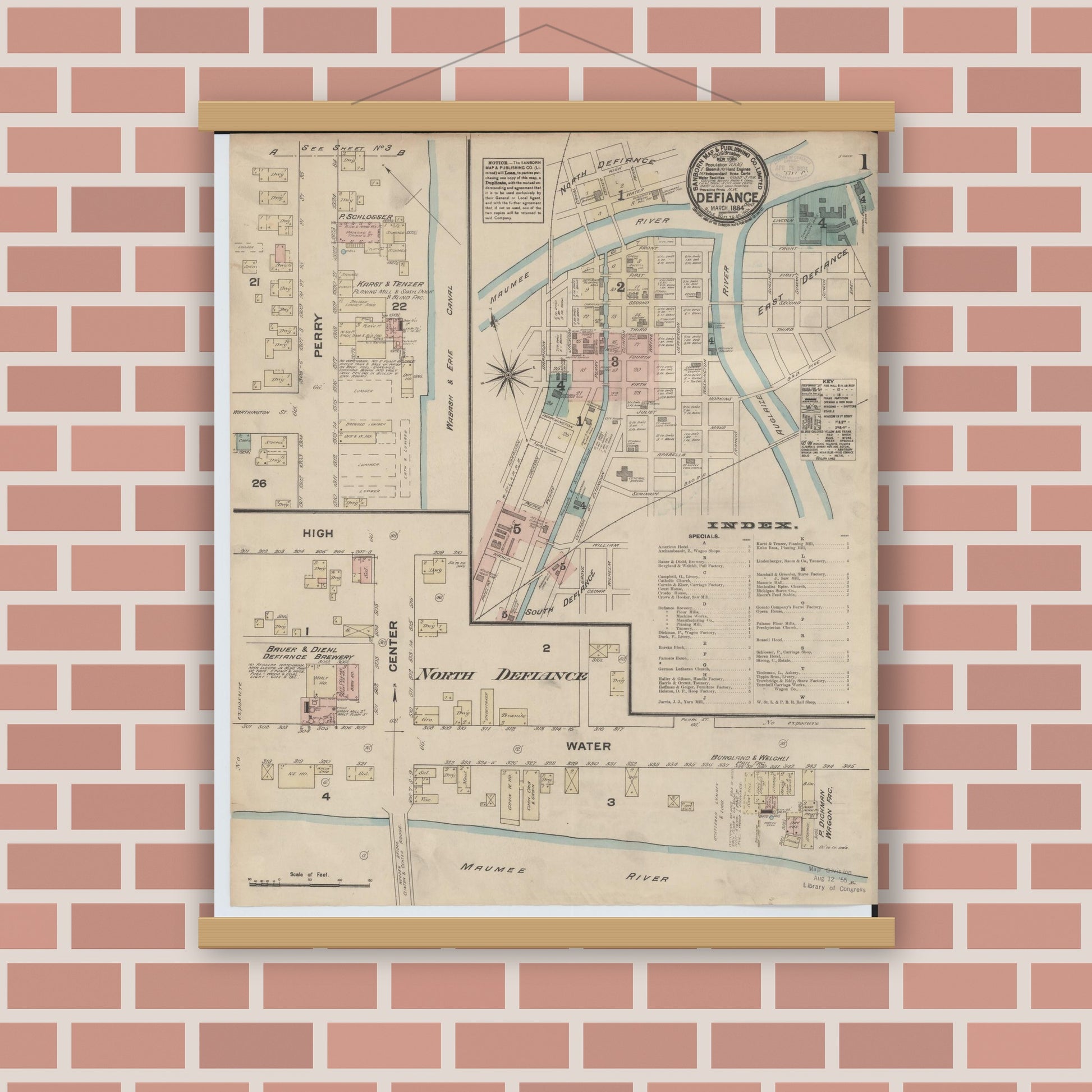 Old map wall art mockup — magnetic wood frame on brick wall — Sanborn Fire Insurance Map from Defiance, Defiance County, Ohio (1884), Sheet #0001