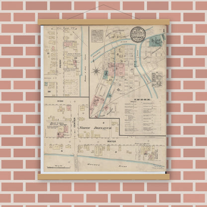 Old map wall art mockup — magnetic wood frame on brick wall — Sanborn Fire Insurance Map from Defiance, Defiance County, Ohio (1884), Sheet #0001