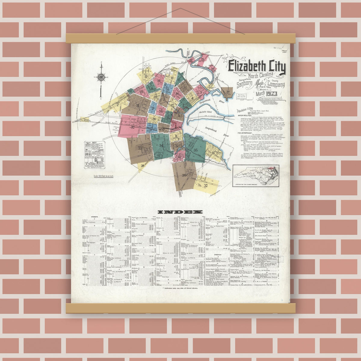 Old map wall art mockup — magnetic wood frame on brick wall — Sanborn Fire Insurance Map from Elizabeth City, Pasquotank County, North Carolina (1923) - Complete Map Set