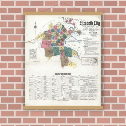 Old map wall art mockup — magnetic wood frame on brick wall — Sanborn Fire Insurance Map from Elizabeth City, Pasquotank County, North Carolina (1923) - Complete Map Set