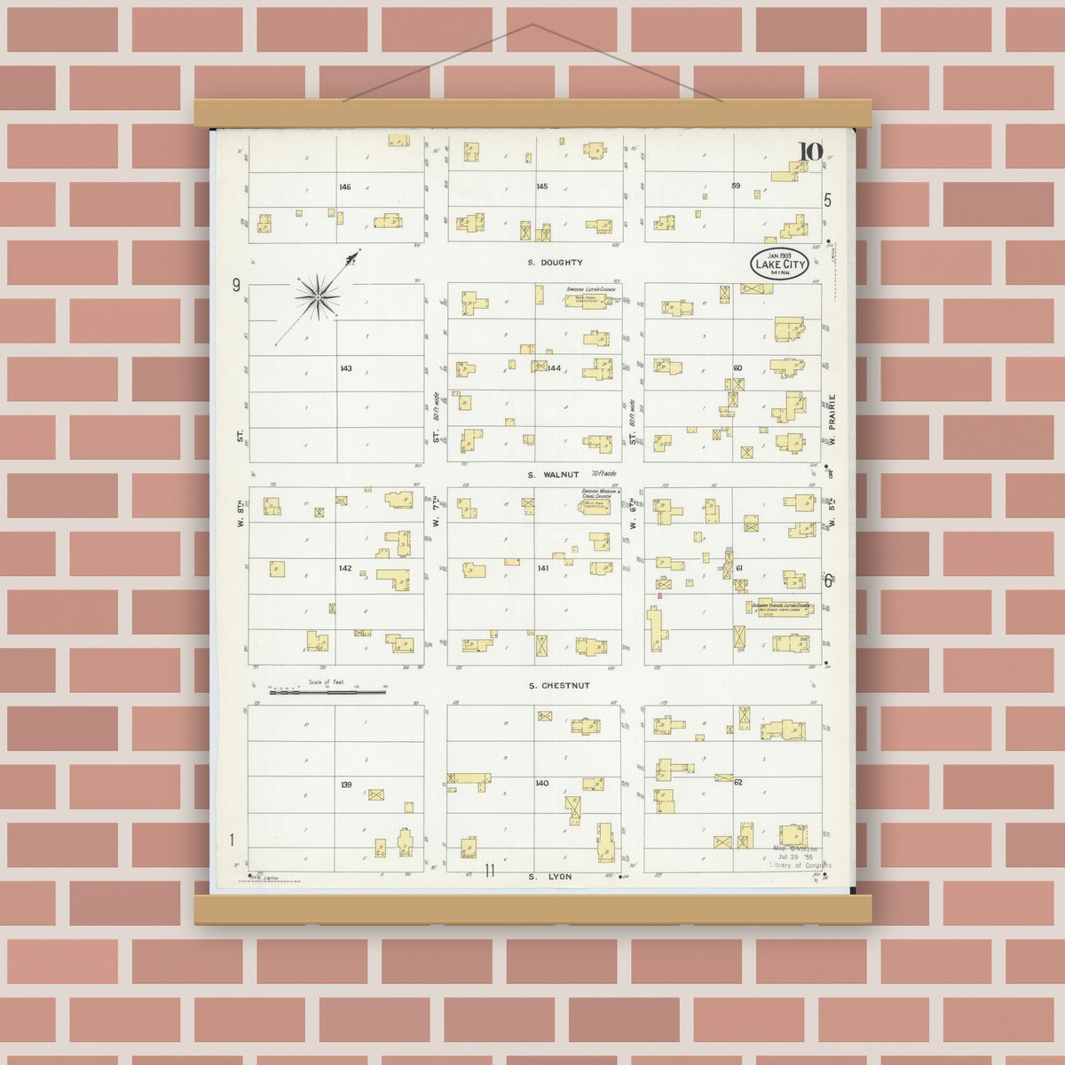 Old map wall art mockup — magnetic wood frame on brick wall — Sanborn Fire Insurance Map from Lake City, Wabasha County, Minnesota (1909), Sheet #0010