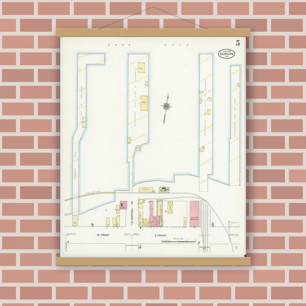 Old map wall art mockup — magnetic wood frame on brick wall — Sanborn Fire Insurance Map from Dunkirk, Chautauqua County, New York (1910), Sheet #0005