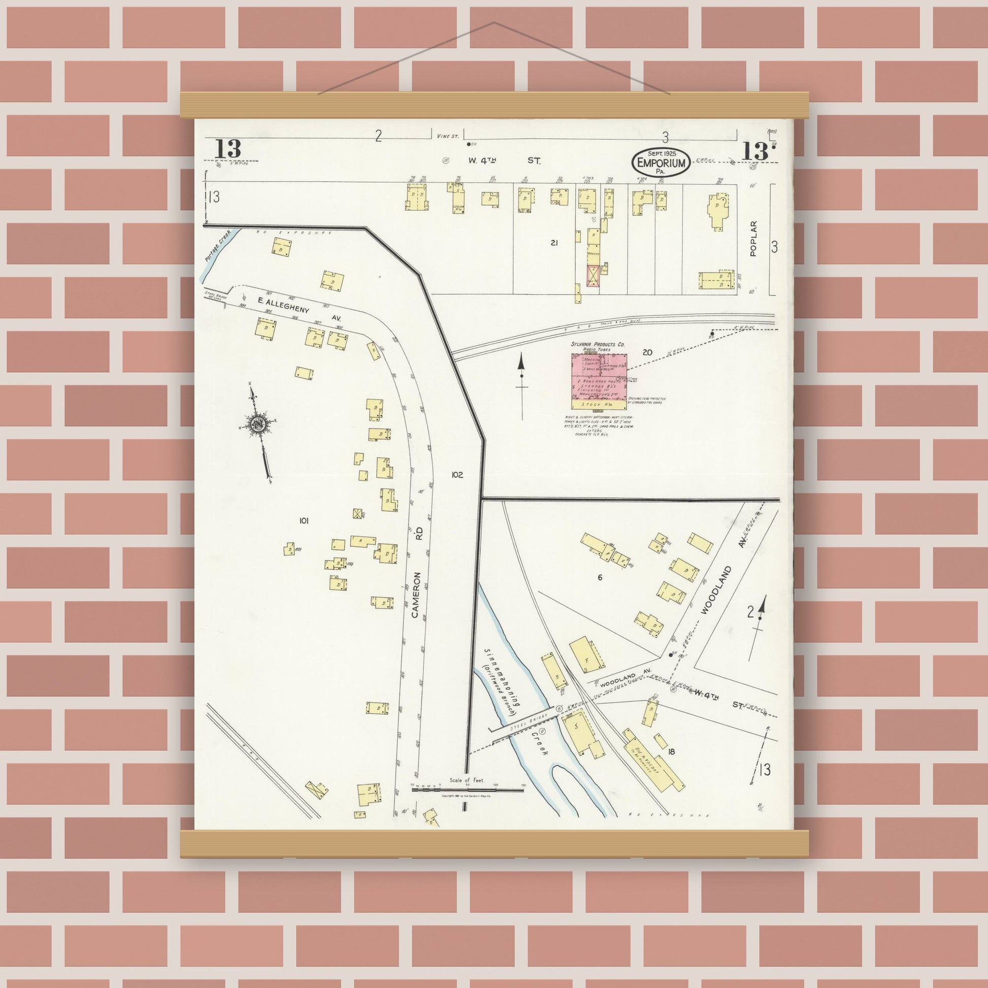 Old map wall art mockup — magnetic wood frame on brick wall — Sanborn Fire Insurance Map from Emporium, Cameron County, Pennsylvania (1925), Sheet #0013