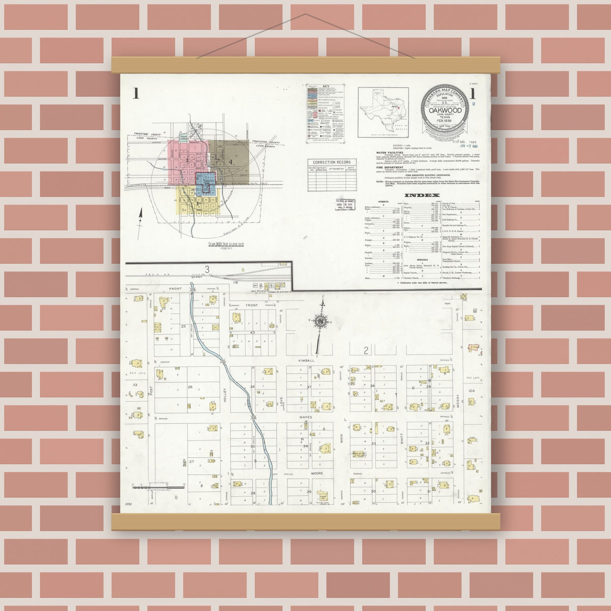 Old map wall art mockup — magnetic wood frame on brick wall — Sanborn Fire Insurance Map from Oakwood, Leon County, Texas (1939), Sheet #0001
