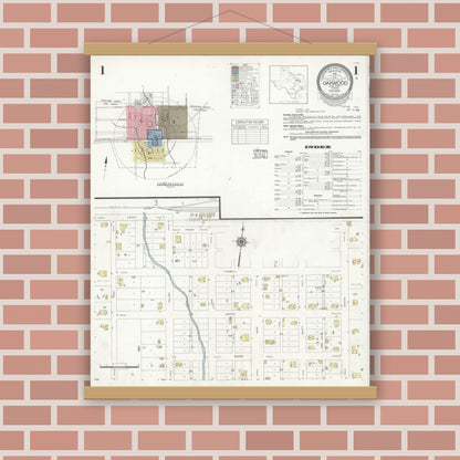 Old map wall art mockup — magnetic wood frame on brick wall — Sanborn Fire Insurance Map from Oakwood, Leon County, Texas (1939), Sheet #0001