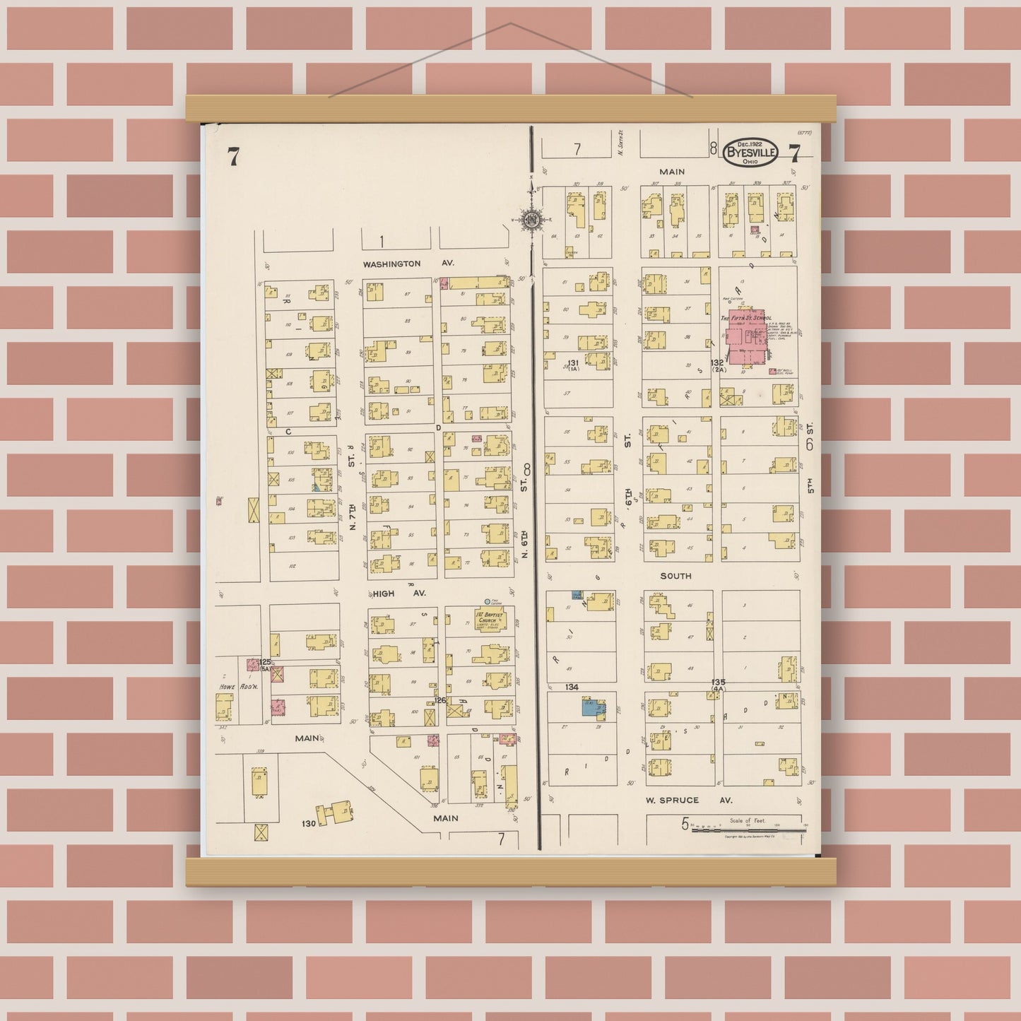 Old map wall art mockup — magnetic wood frame on brick wall — Sanborn Fire Insurance Map from Byesville, Guernsey County, Ohio (1922), Sheet #0007