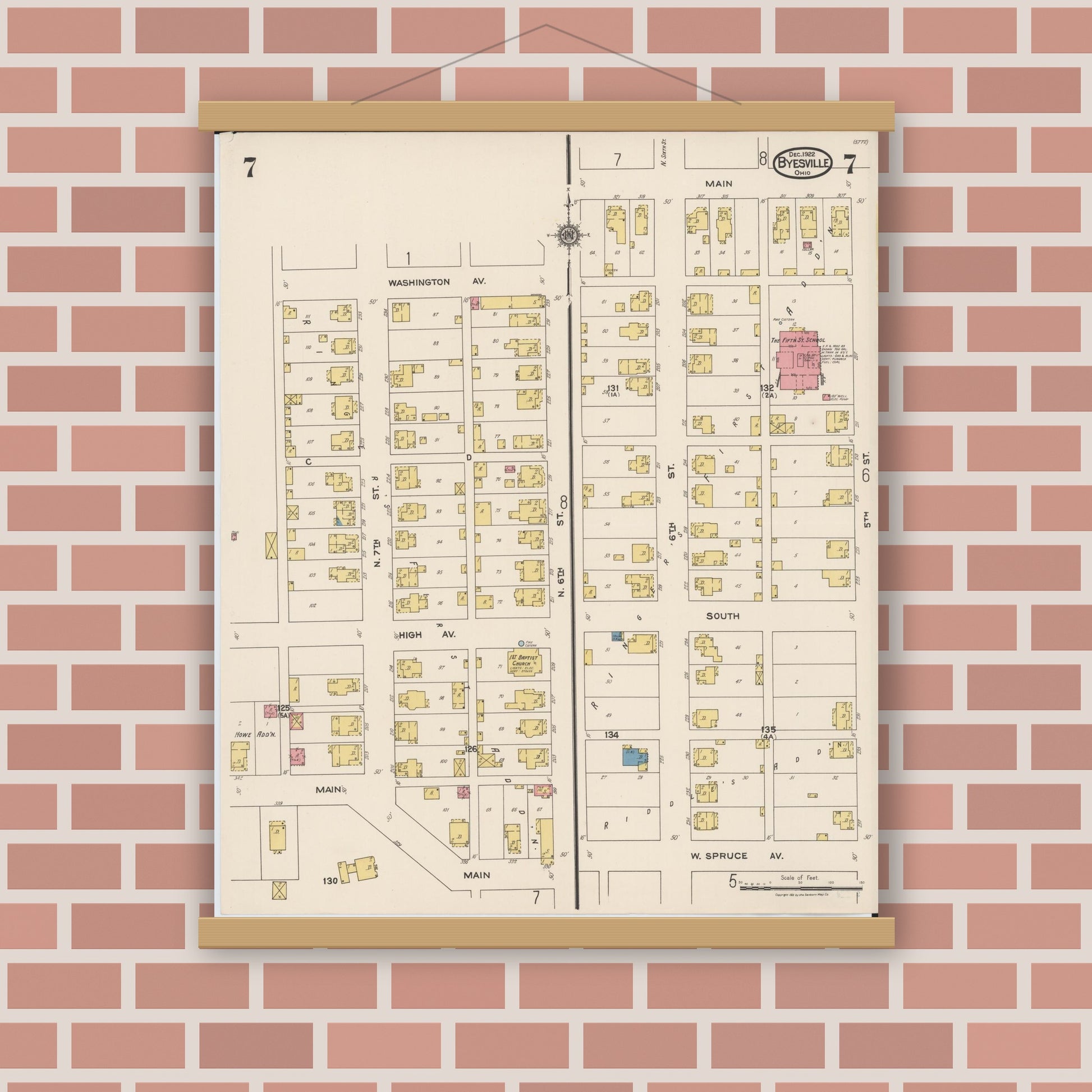 Old map wall art mockup — magnetic wood frame on brick wall — Sanborn Fire Insurance Map from Byesville, Guernsey County, Ohio (1922), Sheet #0007