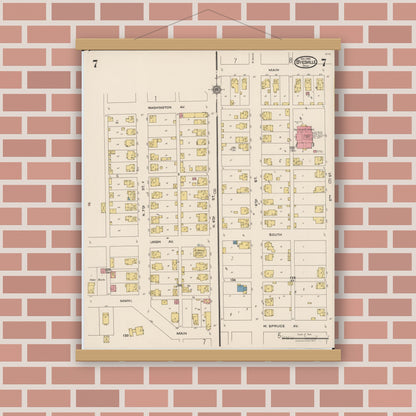 Old map wall art mockup — magnetic wood frame on brick wall — Sanborn Fire Insurance Map from Byesville, Guernsey County, Ohio (1922), Sheet #0007