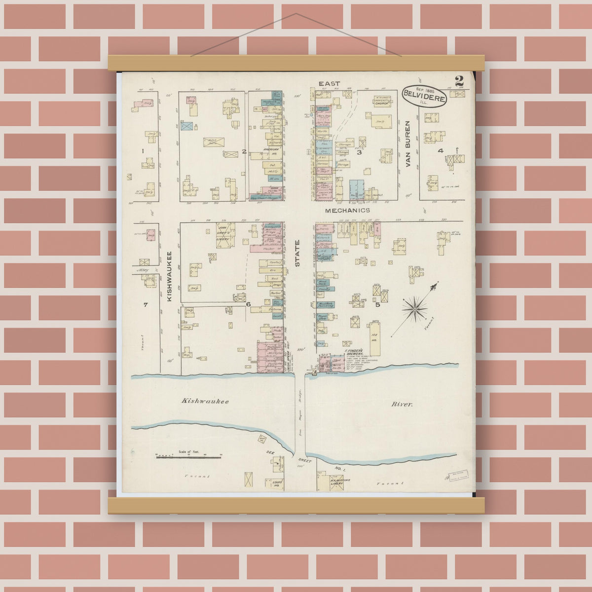 Old map wall art mockup — magnetic wood frame on brick wall — Sanborn Fire Insurance Map from Belvidere, Boone County, Illinois (1885), Sheet #0002