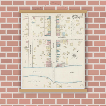 Old map wall art mockup — magnetic wood frame on brick wall — Sanborn Fire Insurance Map from Belvidere, Boone County, Illinois (1885), Sheet #0002