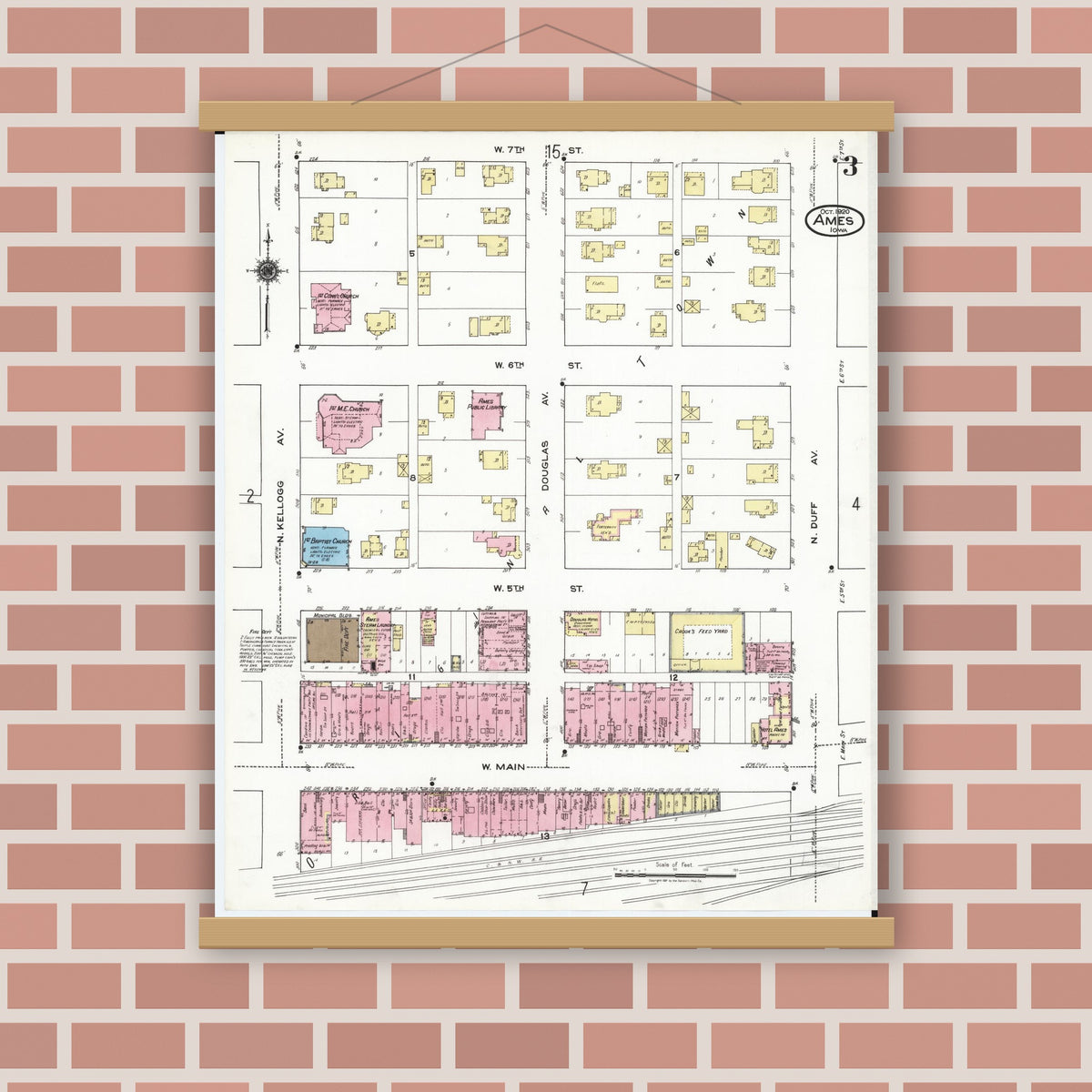 Old map wall art mockup — magnetic wood frame on brick wall — Sanborn Fire Insurance Map from Ames, Story County, Iowa (1920), Sheet #0003