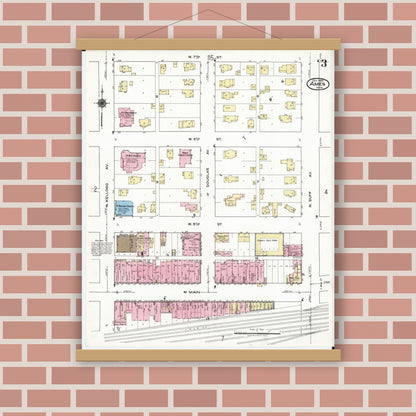 Old map wall art mockup — magnetic wood frame on brick wall — Sanborn Fire Insurance Map from Ames, Story County, Iowa (1920), Sheet #0003