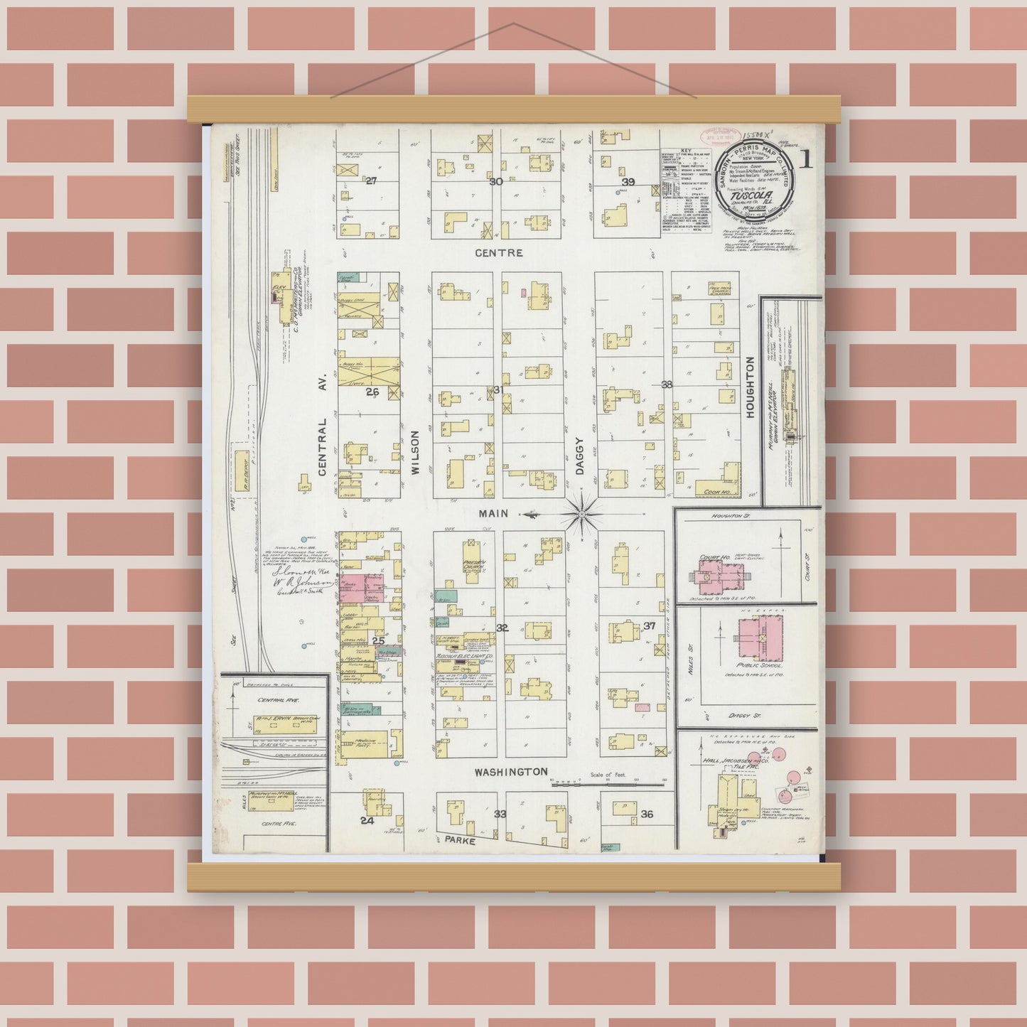 Old map wall art mockup — magnetic wood frame on brick wall — Sanborn Fire Insurance Map from Tuscola, Douglas County, Illinois (1892) - Complete Map Set