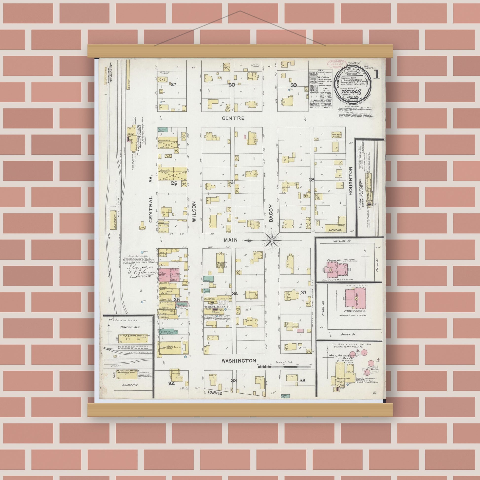 Old map wall art mockup — magnetic wood frame on brick wall — Sanborn Fire Insurance Map from Tuscola, Douglas County, Illinois (1892) - Complete Map Set