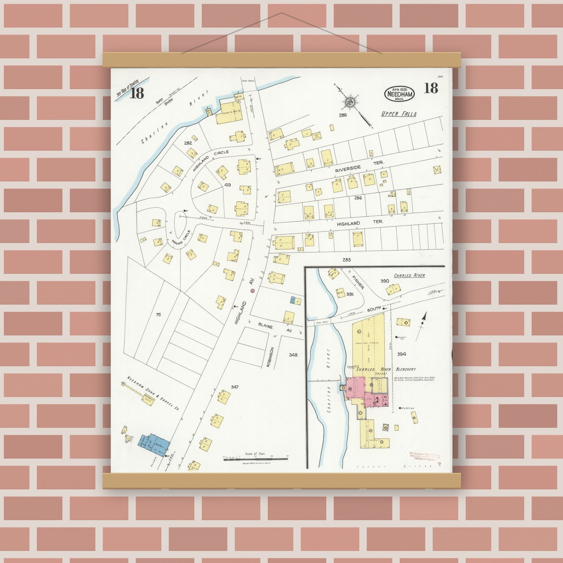 Old map wall art mockup — magnetic wood frame on brick wall — Sanborn Fire Insurance Map from Needham, Norfolk County, Massachusetts (1926), Sheet #0018