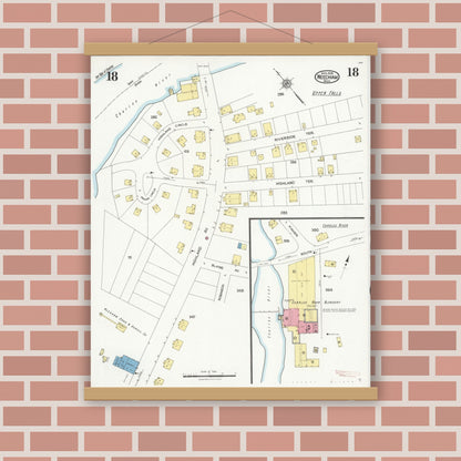 Old map wall art mockup — magnetic wood frame on brick wall — Sanborn Fire Insurance Map from Needham, Norfolk County, Massachusetts (1926), Sheet #0018