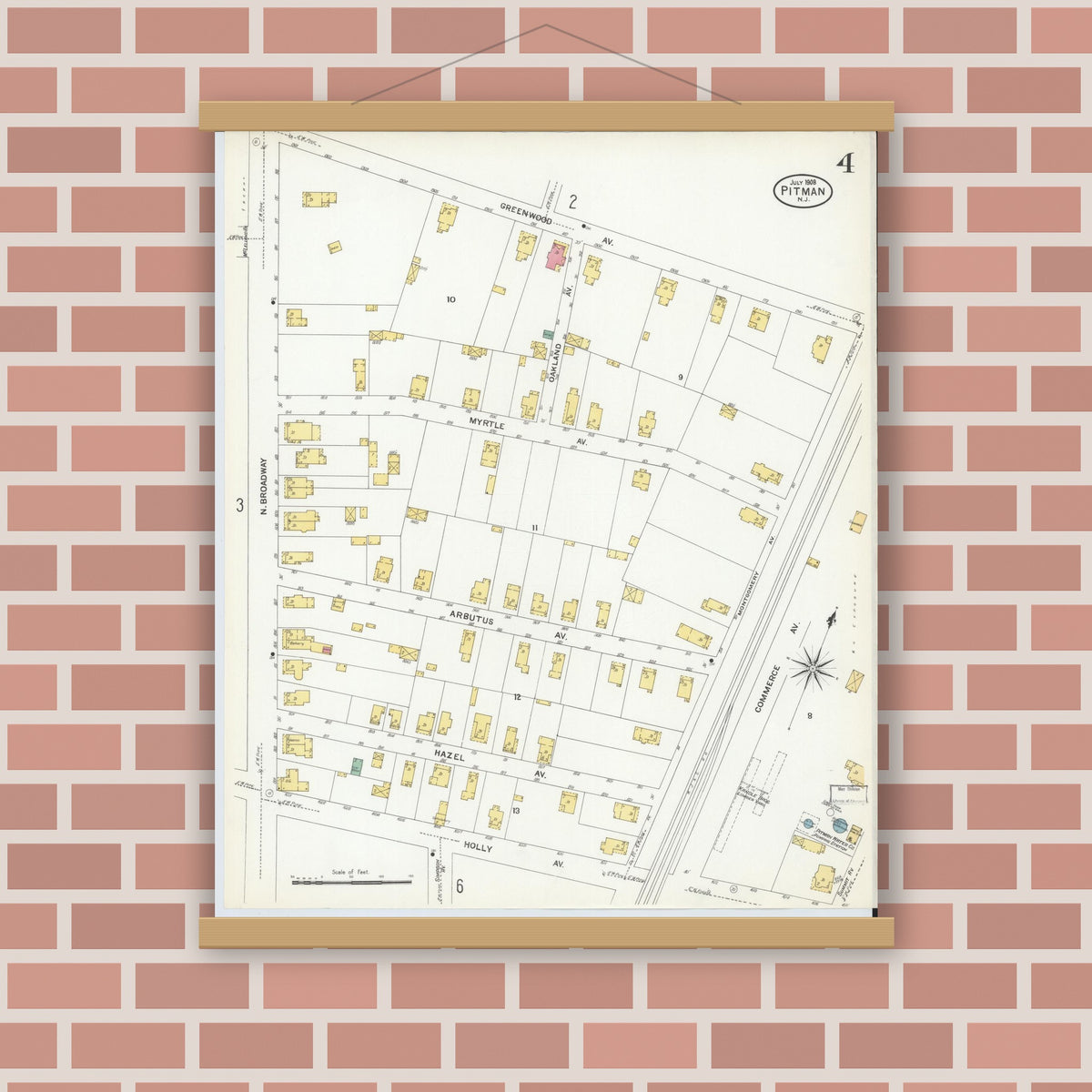 Old map wall art mockup — magnetic wood frame on brick wall — Sanborn Fire Insurance Map from Pitman, Gloucester County, New Jersey (1908), Sheet #0004
