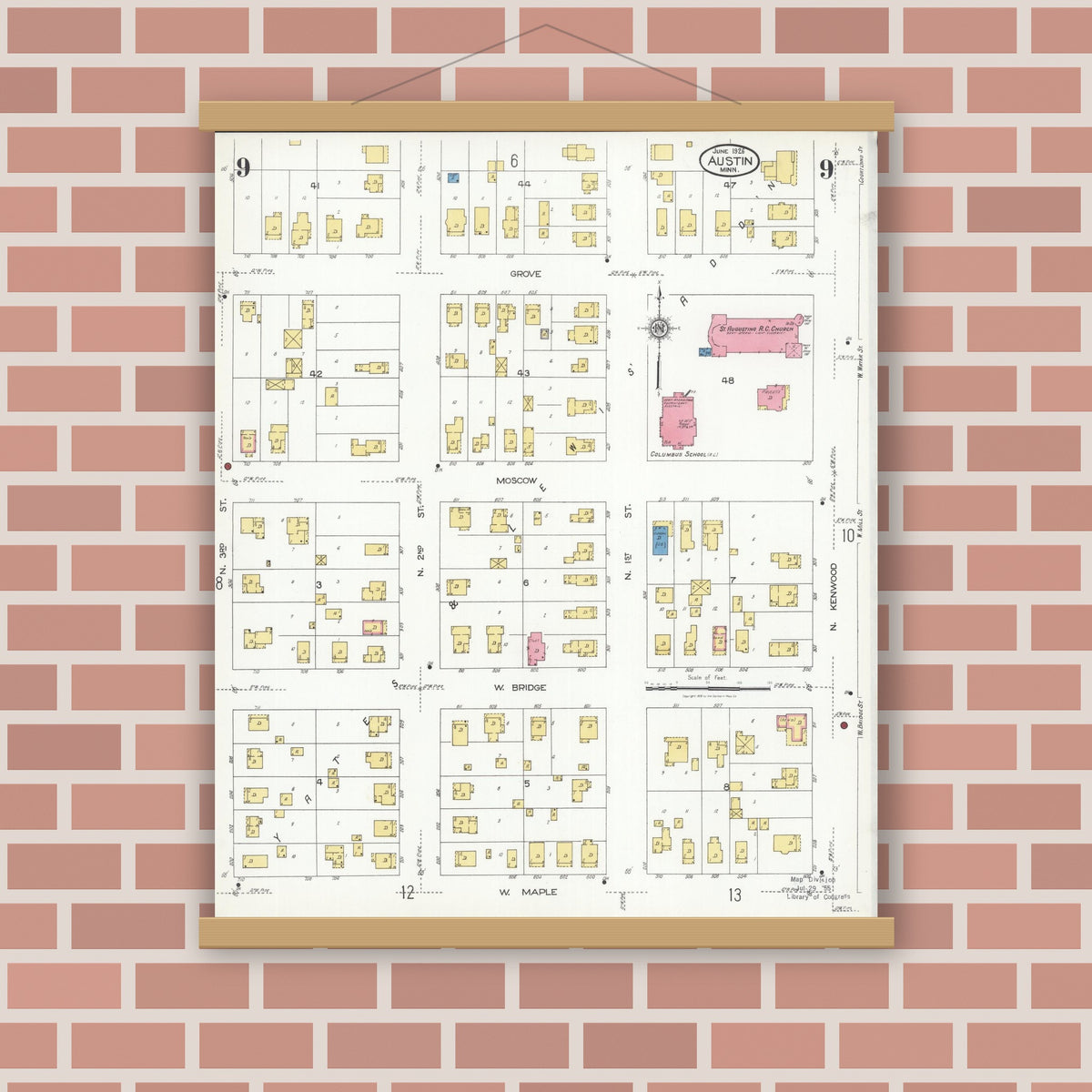 Old map wall art mockup — magnetic wood frame on brick wall — Sanborn Fire Insurance Map from Austin, Mower County, Minnesota (1926), Sheet #0009