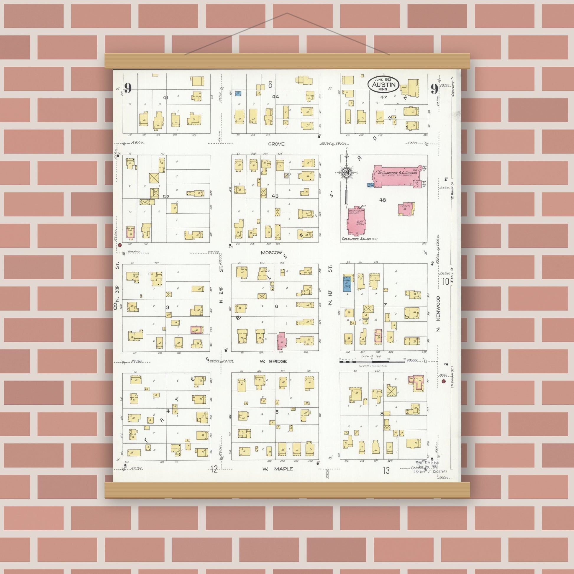 Old map wall art mockup — magnetic wood frame on brick wall — Sanborn Fire Insurance Map from Austin, Mower County, Minnesota (1926), Sheet #0009