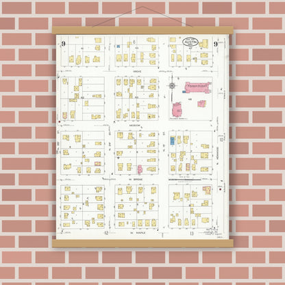 Old map wall art mockup — magnetic wood frame on brick wall — Sanborn Fire Insurance Map from Austin, Mower County, Minnesota (1926), Sheet #0009