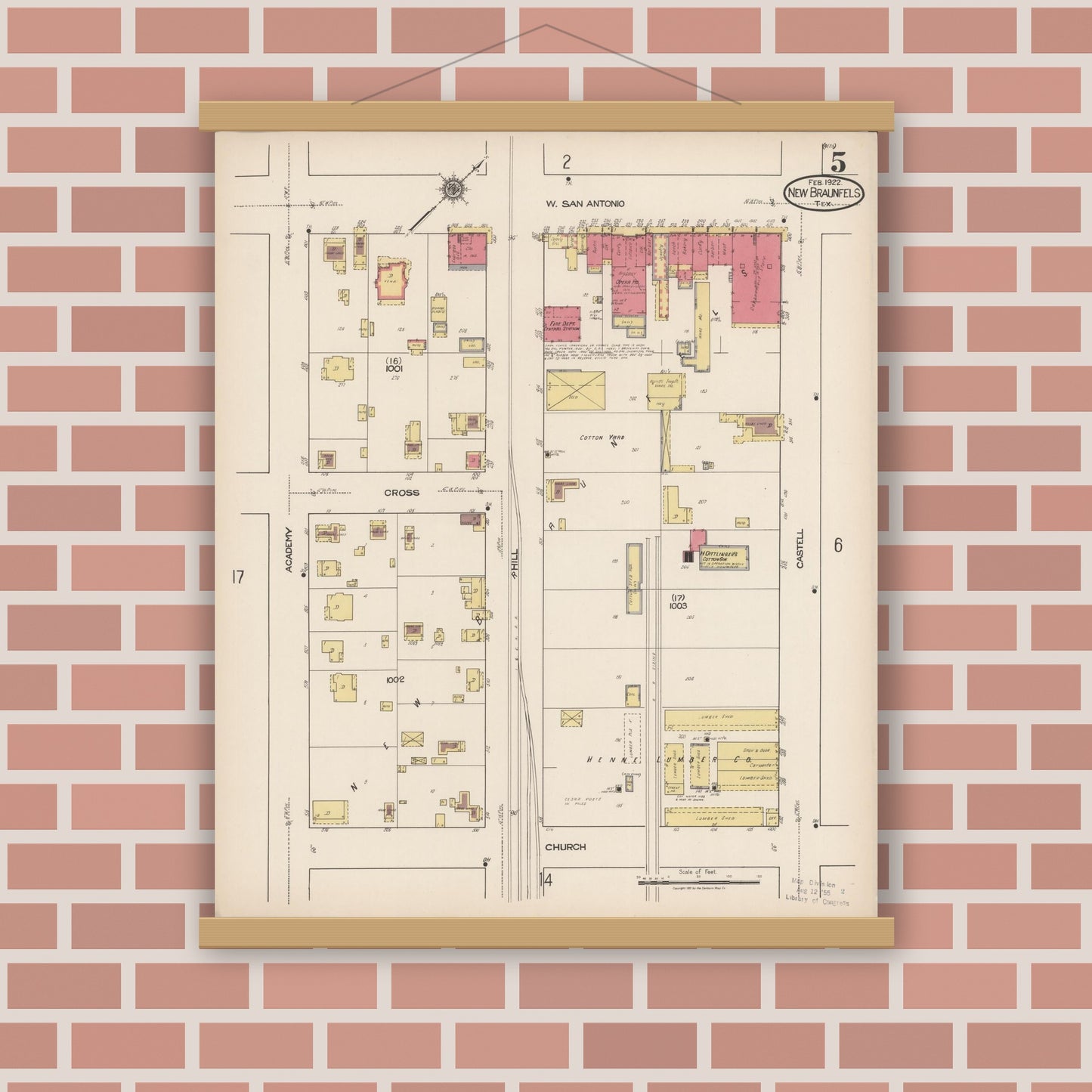 Old map wall art mockup — magnetic wood frame on brick wall — Sanborn Fire Insurance Map from New Braunfels, Comal County, Texas (1922), Sheet #0005