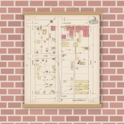 Old map wall art mockup — magnetic wood frame on brick wall — Sanborn Fire Insurance Map from New Braunfels, Comal County, Texas (1922), Sheet #0005