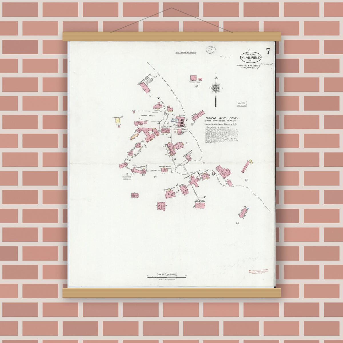 Old map wall art mockup — magnetic wood frame on brick wall — Sanborn Fire Insurance Map from Plainfield, Hendricks County, Indiana (1921), Sheet #0007