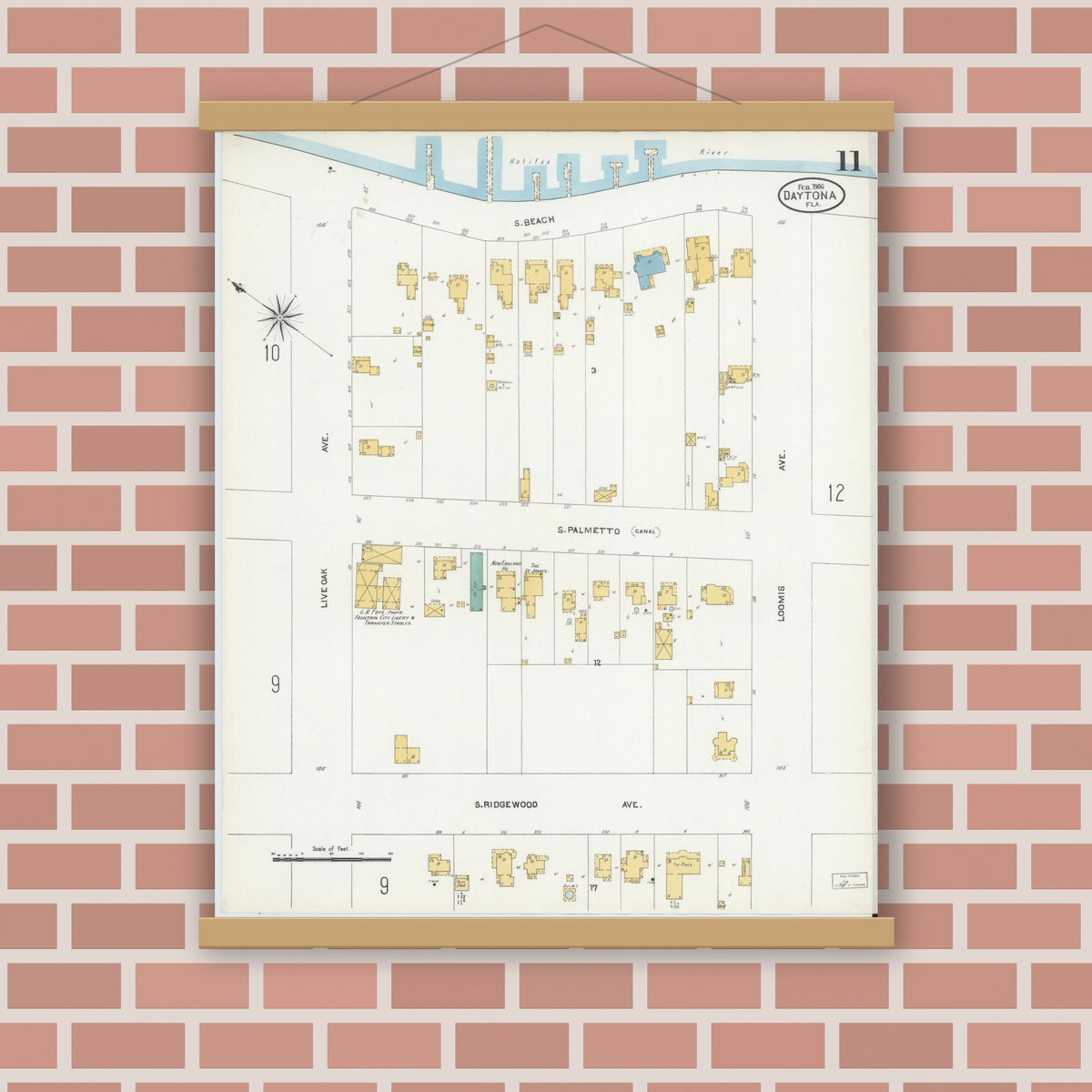 Old map wall art mockup — magnetic wood frame on brick wall — Sanborn Fire Insurance Map from Daytona, Volusia County, Florida (1906), Sheet #0011