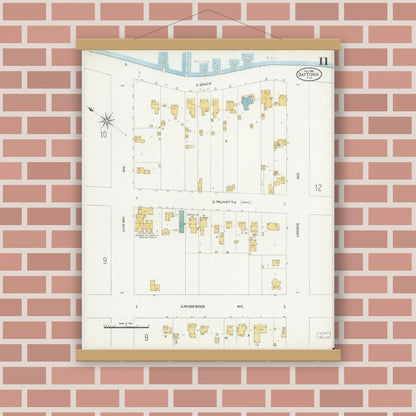 Old map wall art mockup — magnetic wood frame on brick wall — Sanborn Fire Insurance Map from Daytona, Volusia County, Florida (1906), Sheet #0011