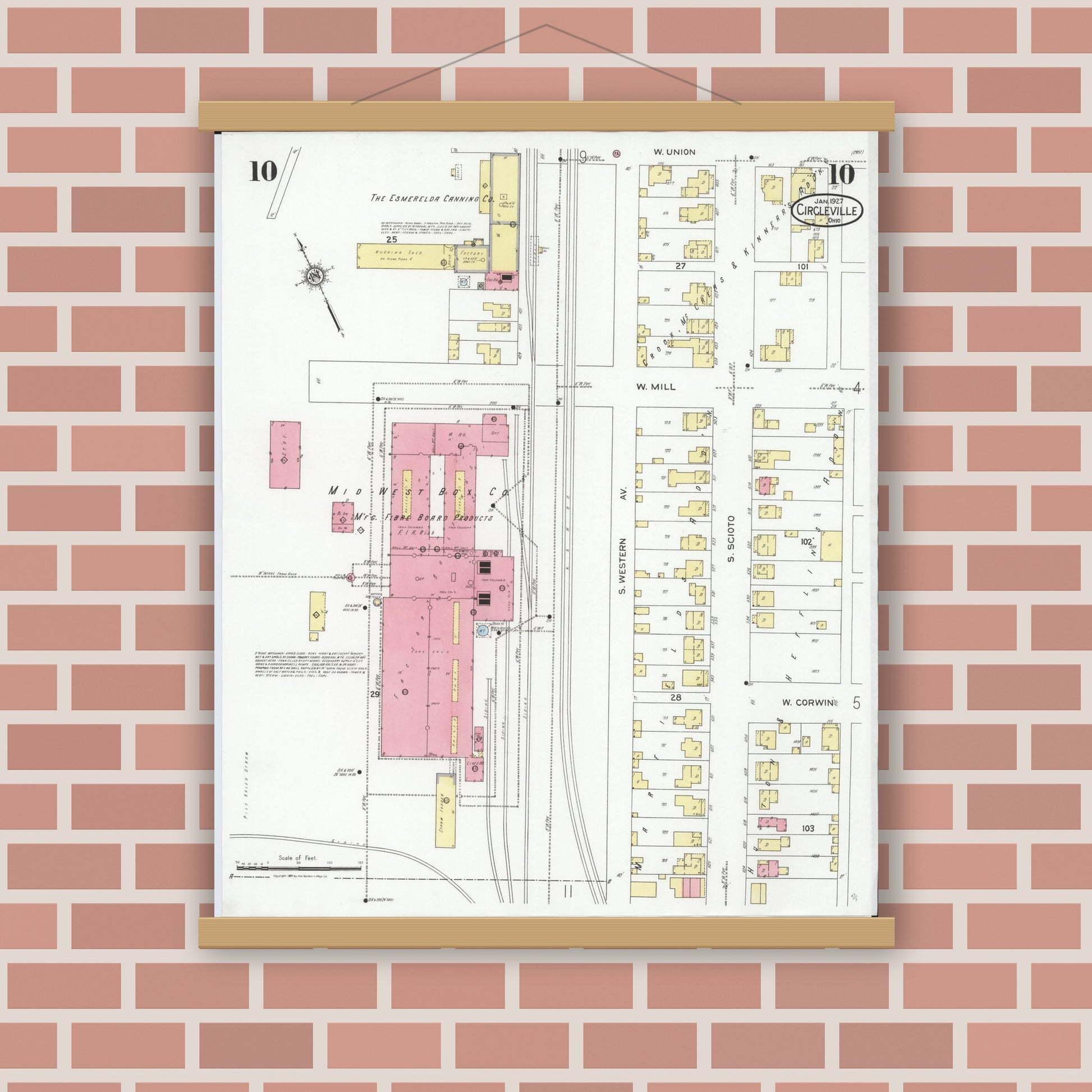 Old map wall art mockup — magnetic wood frame on brick wall — Sanborn Fire Insurance Map from Circleville, Pickaway County, Ohio (1927), Sheet #0010