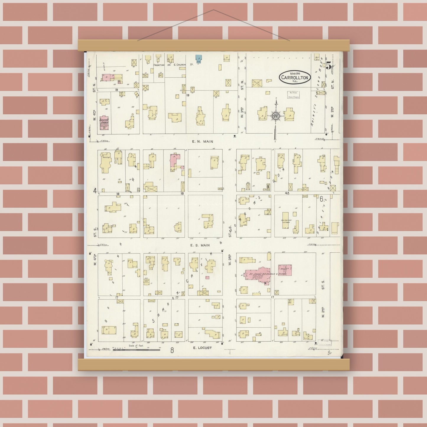 Old map wall art mockup — magnetic wood frame on brick wall — Sanborn Fire Insurance Map from Carrollton, Greene County, Illinois (1914), Sheet #0005