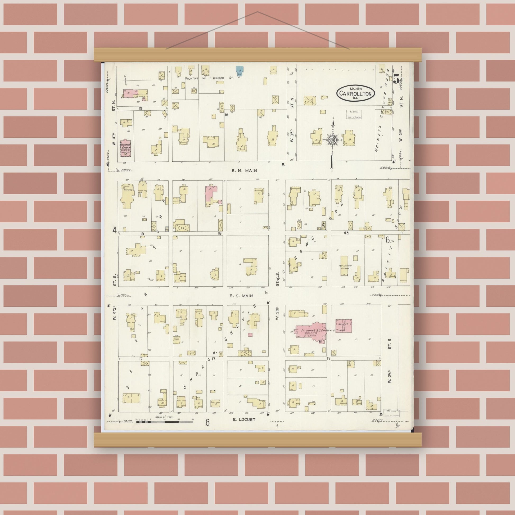 Old map wall art mockup — magnetic wood frame on brick wall — Sanborn Fire Insurance Map from Carrollton, Greene County, Illinois (1914), Sheet #0005