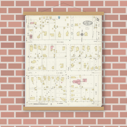 Old map wall art mockup — magnetic wood frame on brick wall — Sanborn Fire Insurance Map from Carrollton, Greene County, Illinois (1914), Sheet #0005