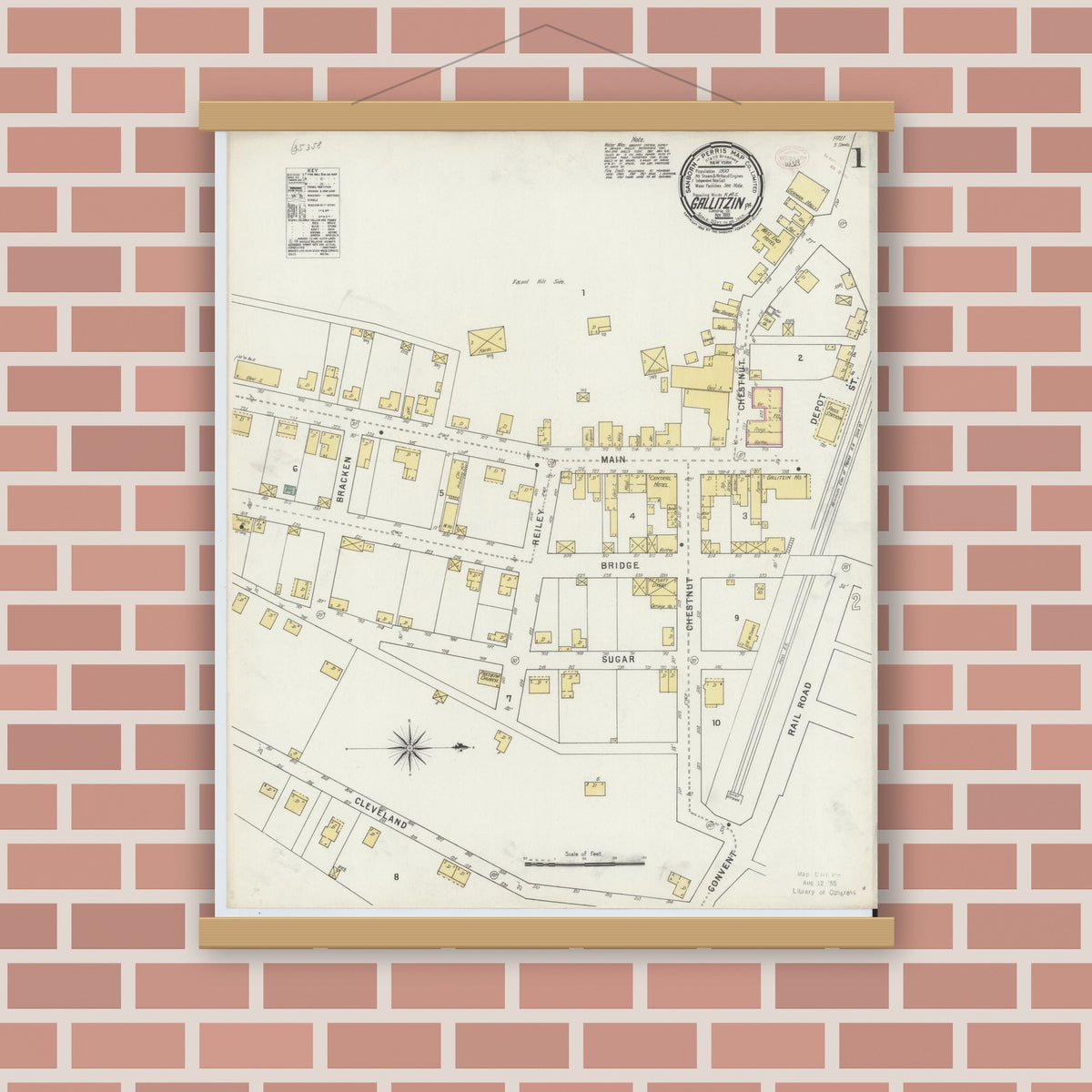 Old map wall art mockup — magnetic wood frame on brick wall — Sanborn Fire Insurance Map from Gallitzin, Cambria County, Pennsylvania (1895) - Complete Map Set